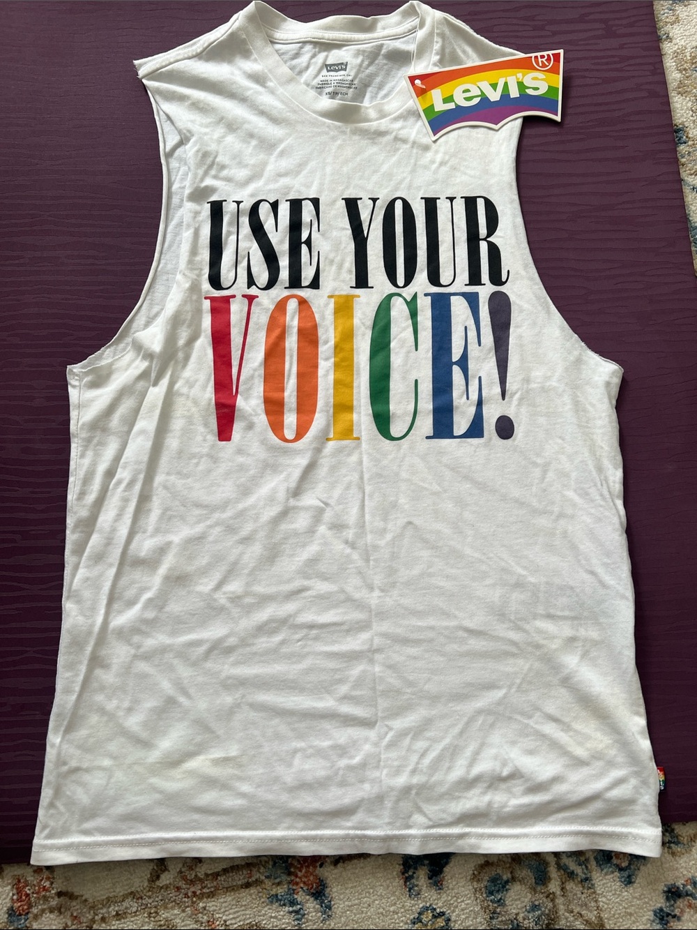 Levi's White Tank with Rainbow 'USE YOUR VOICE' Graphic